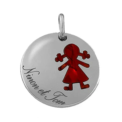 Médaillon rond en argent GravurePhoto gravé d'une silhouette et de prénoms d'enfants