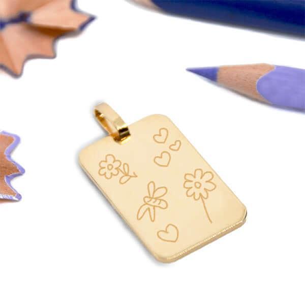 Personalized heart pendant in gold EngravingPhoto, engraved with a child's drawing, flowers and hearts