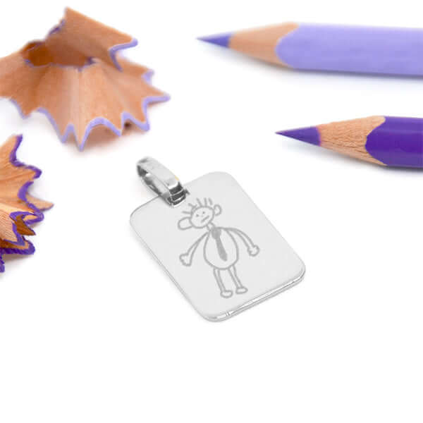 Pendentif rectangle gravé dessin enfant argent - Bijoux personnalisés