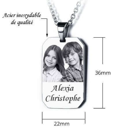 Gravure d'une photo sur une plaque rectangle argenté et sa chaine de 50cm.