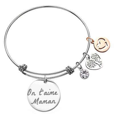 Bijou jonc en bracelet et pendentif rond argenté gravé avec un texte