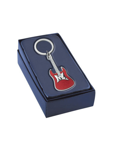 Red guitar key ring engraved with text