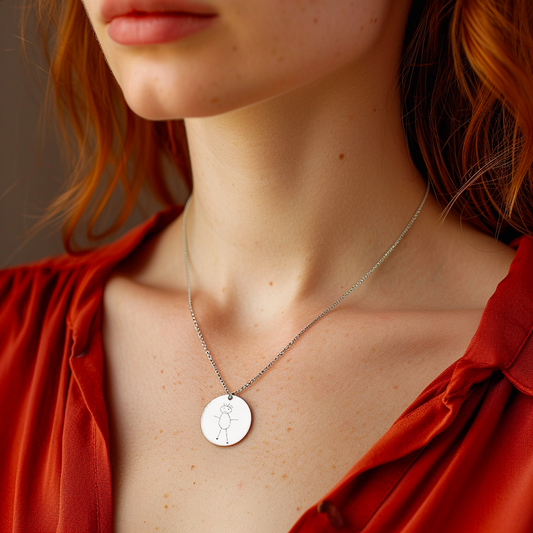 Medium round medallion in silver-plated steel engraved with a drawing