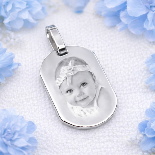 Grand médaillon tonneau en argent 925/1000ème gravé avec une photo