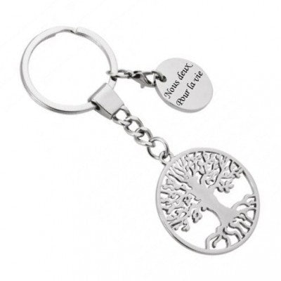 Engraving of a text on a tree of life key ring