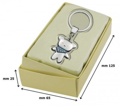 Blue teddy bear key ring engraved with text