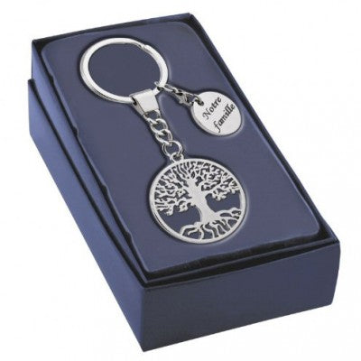 Engraving of a text on a tree of life key ring