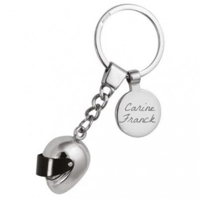 Silver motorcycle helmet key ring engraved with text