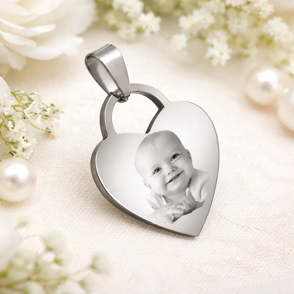 Médaillon cœur en acier inoxydable gravé avec photo personnalisée de couple