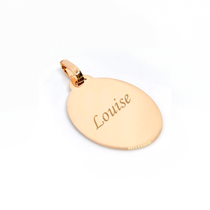 Grand pendentif ovale plaqué or 750 3MIC gravé avec un texte