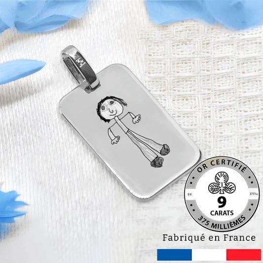 Médaille gravée avec un dessin rectangle or Gris 9 carats, cadeau familial, fabrication française.