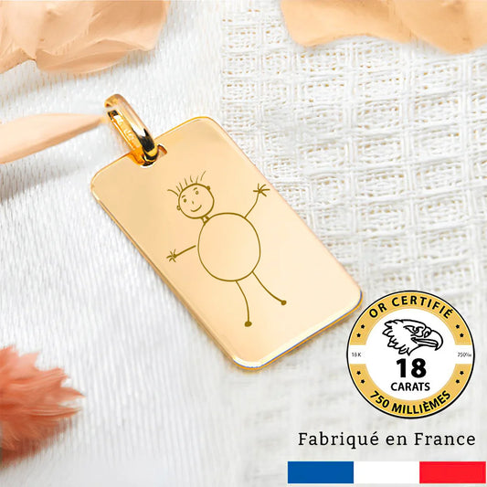 Médaille en or 18 carats gravée avec un dessin d'enfant, parfaite pour un cadeau de famille, fabriquée en France.