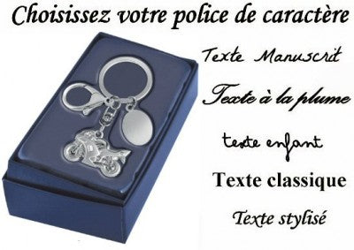 Motorcycle key ring engraved with text