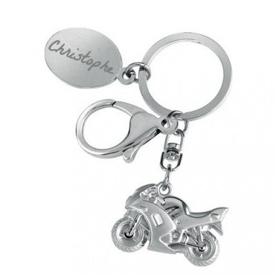 Motorcycle key ring engraved with text