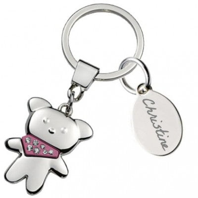 Pink teddy bear key ring engraved with text