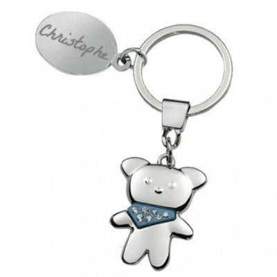 Blue teddy bear key ring engraved with text