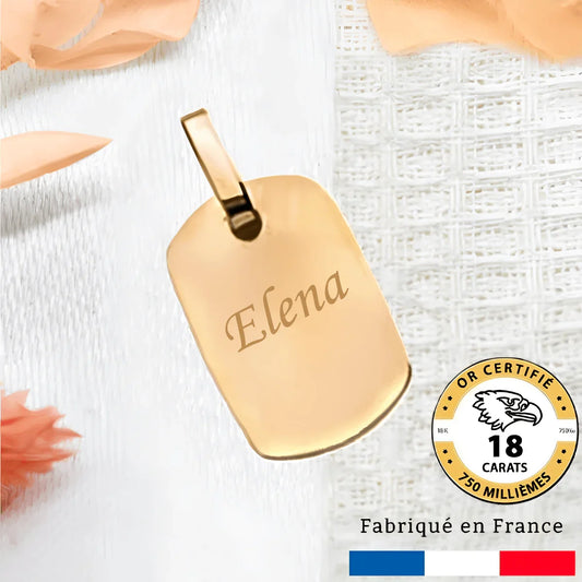 Petit pendentif gravé rectangle arrondi Pendentif Or 18 Carats unique. fabriqué en France