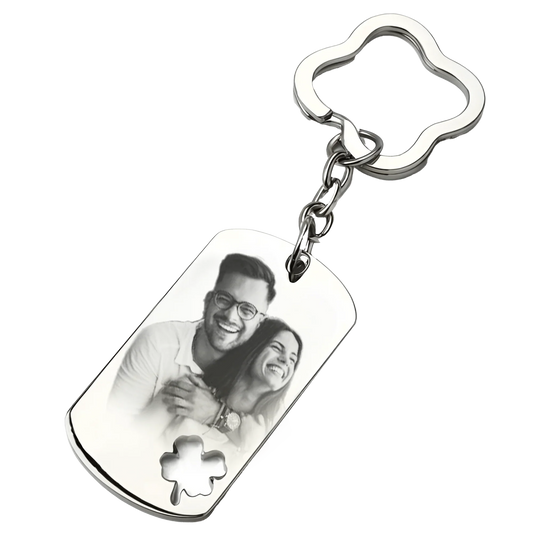 Porte-clés rectangle avec photo gravée, trèfle découpé, GravurePhoto personnalisé