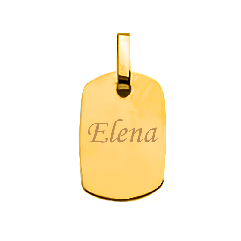 Engraved rounded rectangle pendant in guaranteed 18 carat gold engraved with text 