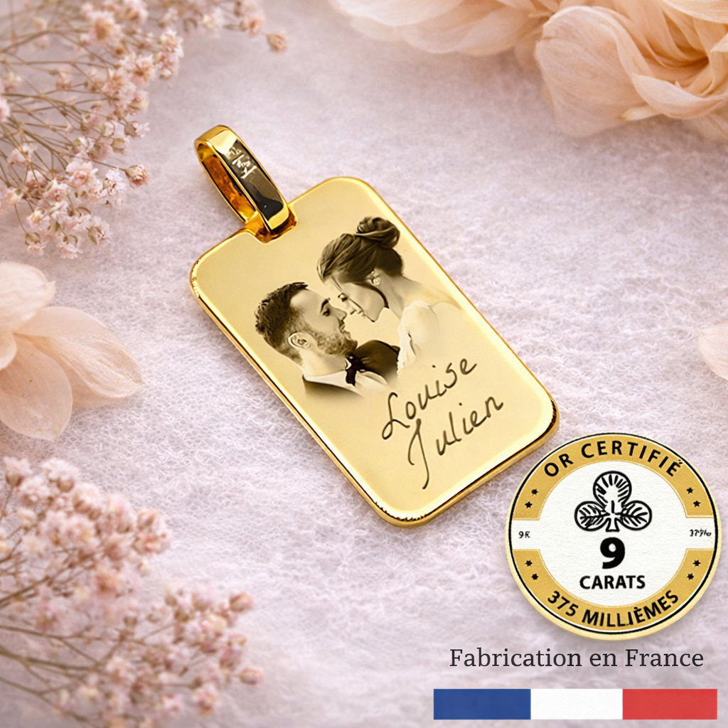 Médaille rectangle en or 9 carats avec gravure photo personnalisée idéale cadeau familial