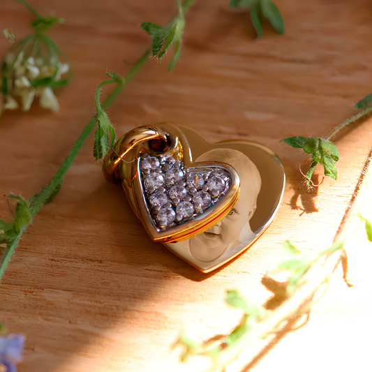 Gold Plated Heart Pendant Engraved with a Photo and Crystals