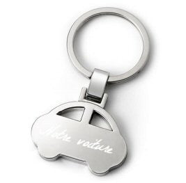 Car key ring engraved with text. 