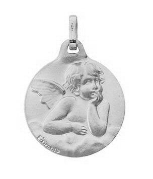 Round medal with an angel in 9 carat white gold