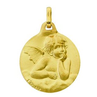 Médaille ronde avec un ange en or satiné 9 carats